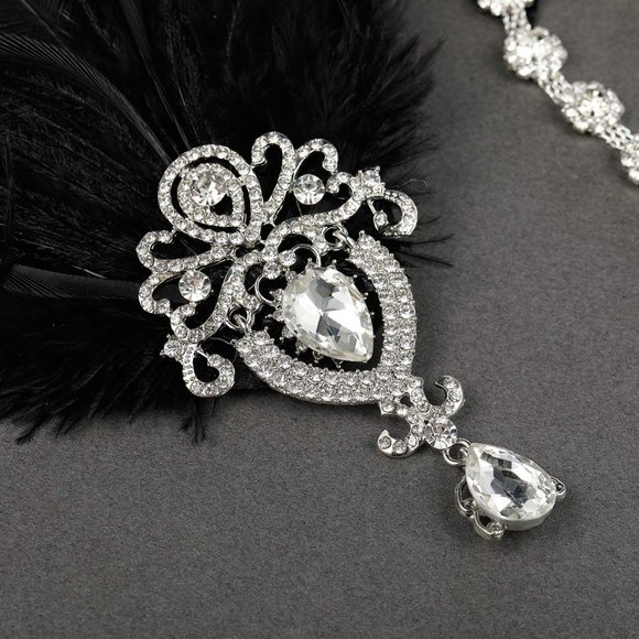 SWEETV 1920s Black Ostrich Feather Headpiece - Ribbon Tie - Picture 7 of 7